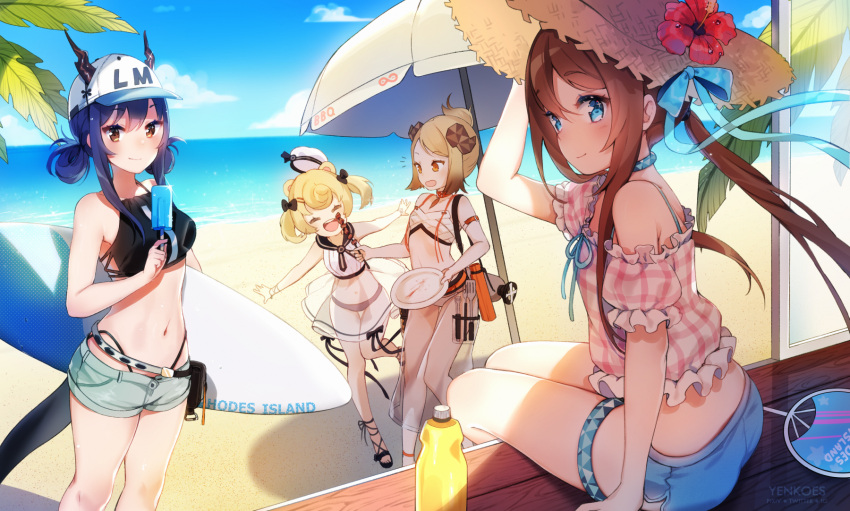 4girls :d amiya_(arknights) animal_ears arknights bangs bare_shoulders baseball_cap beach beach_umbrella bear_ears bikini bikini_under_clothes black_bikini black_bow blonde_hair blue_eyes blue_hair blue_ribbon blue_shorts blush bow breasts brown_eyes brown_hair ch'en_(arknights) closed_eyes commentary_request day demon_horns dress eyebrows_visible_through_hair flat_chest flower food gummy_(arknights) hair_bow hair_rings hat hat_ribbon hibiscus highres holding holding_food holding_plate holding_skewer holding_surfboard horns ifrit_(arknights) long_hair looking_at_viewer medium_breasts multiple_girls navel notice_lines ocean open_mouth orange_eyes outdoors plaid plaid_shirt plate popsicle red_flower ribbon sailor_dress see-through shirt short_hair short_shorts shorts sidelocks sitting skewer sky smile spatula standing standing_on_one_leg stomach straw_hat surfboard swimsuit thigh_strap twintails two_side_up umbrella white_bikini white_dress white_headwear white_shorts yennineii