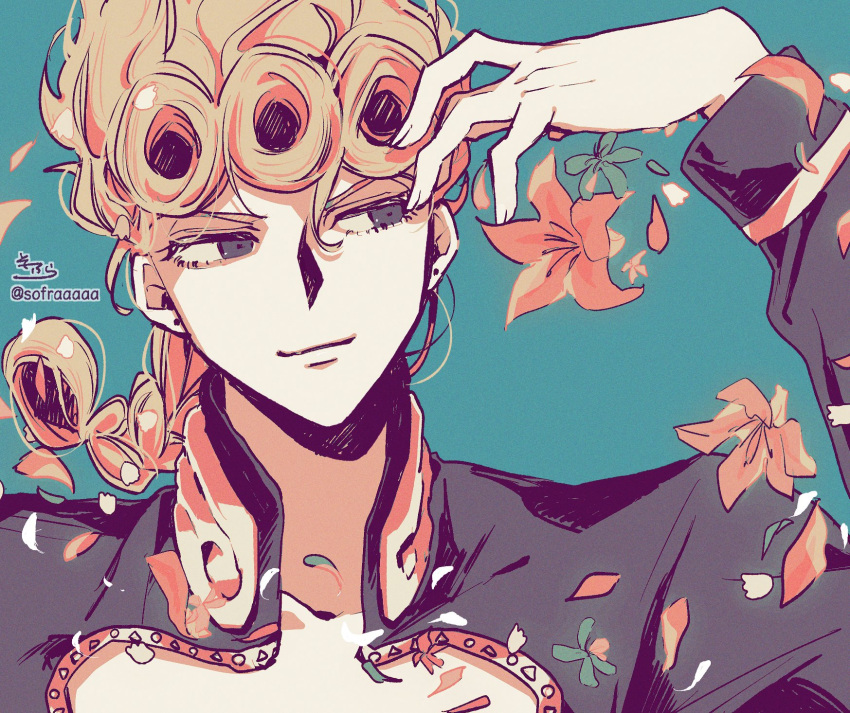 1boy arm_up bangs black_jacket blonde_hair blue_background braid closed_mouth collarbone commentary_request flower giorno_giovanna grey_eyes highres jacket jojo_no_kimyou_na_bouken long_hair male_focus red_flower signature simple_background smile sofra solo twitter_username upper_body vento_aureo