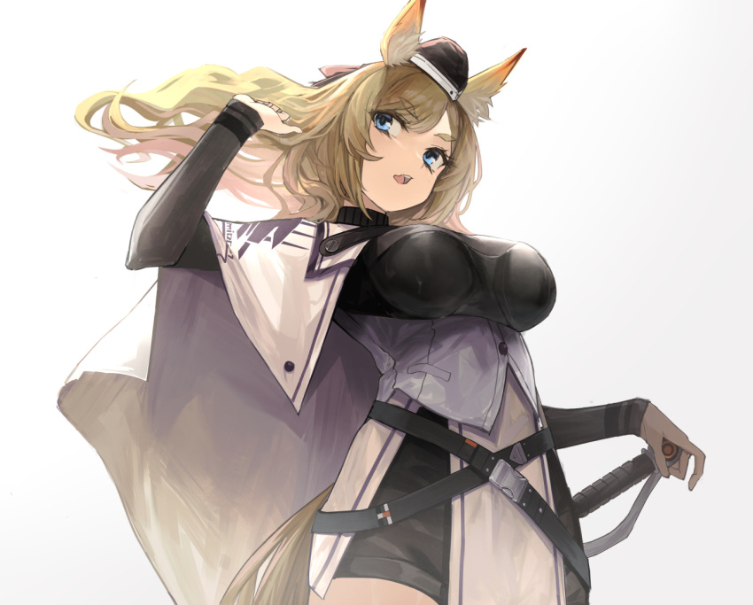 animal_ear_fluff animal_ears arknights blonde_hair blue_eyes hat horse_ears horse_girl horse_tail long_hair looking_to_the_side marble_(marblesized) solo tail weapon whislash_(arknights)