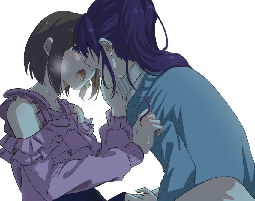 2girls after_kiss asahina_mafuyu blouse blue_sweater blush brown_eyes brown_hair collarbone collared_shirt frills hand_on_another's_chest hand_on_another's_face highres kamotarou long_hair multiple_girls nape ponytail project_sekai purple_blouse purple_hair saliva saliva_trail shadow shinonome_ena shirt short_hair simple_background steam straddling sweat sweater tearing_up upper_body upright_straddle white_background yuri
