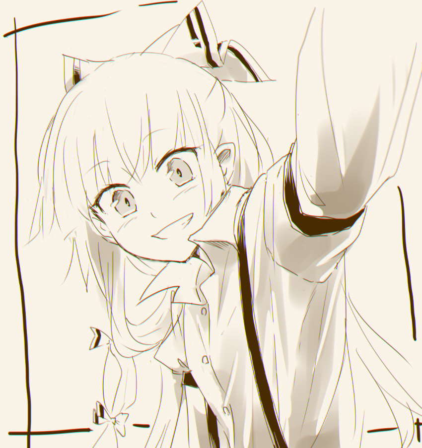 1girl arm_up bangs bow breasts commentary_request eyebrows_visible_through_hair foreshortening fujiwara_no_mokou grin hair_bow hair_ribbon highres juliet_sleeves long_hair long_sleeves looking_at_viewer monochrome puffy_sleeves ribbon selfie simple_background sketch small_breasts smile solo suspenders touhou tress_ribbon upper_body very_long_hair wing_collar yukimiharu