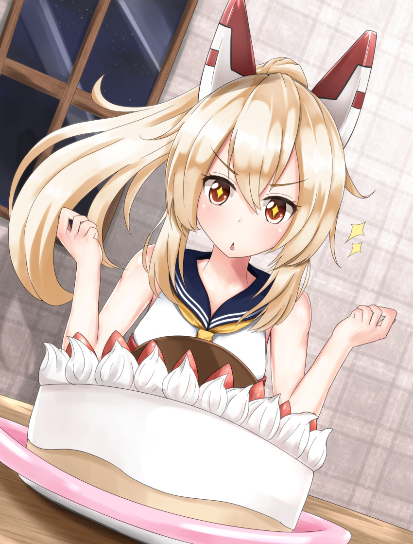 +_+ 1girl akura_scarlet0495 ayanami_(azur_lane) azur_lane bangs clenched_hands commentary_request cream eyebrows_visible_through_hair headgear highres long_hair looking_at_viewer night night_sky orange_eyes platinum_blonde_hair ponytail school_uniform serafuku sidelocks sky solo sparkle sparkling_eyes star_(sky) starry_sky strawberry_cake symbol-shaped_pupils table triangle_mouth window