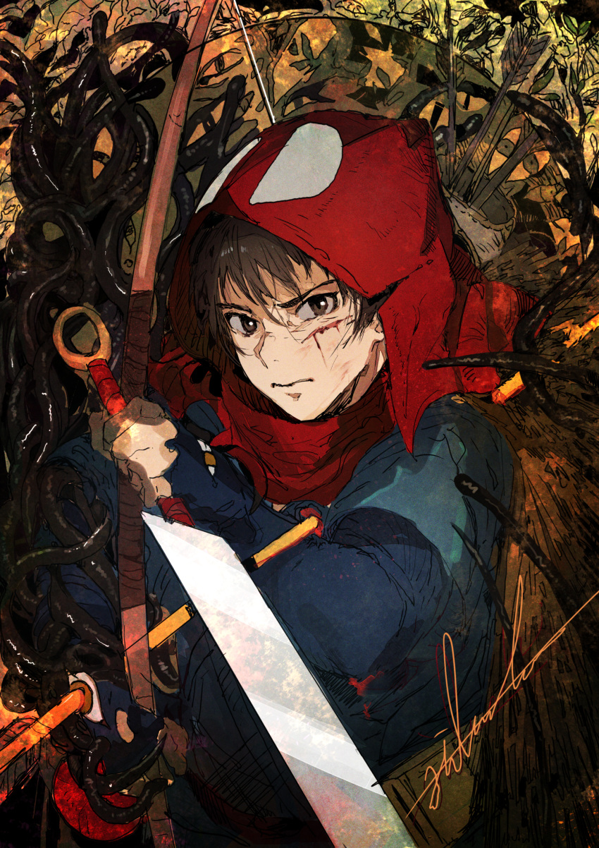 1boy arrow_(projectile) ashitaka blood blood_on_face blue_shirt bow_(weapon) brown_eyes brown_hair closed_mouth commentary cuts grimace highres hiranko holding holding_bow_(weapon) holding_sword holding_weapon hood impaled injury looking_at_viewer mononoke_hime quiver red_hood reverse_grip scabbard sheath shirt short_hair signature solo straw_cape sword unsheathed upper_body weapon