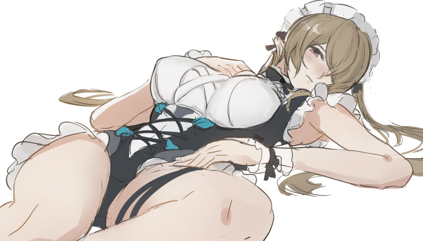 1girl bangs blush breasts brown_hair closed_mouth eyebrows_visible_through_hair frills hair_over_one_eye hand_on_own_chest highres honkai_(series) honkai_impact_3rd large_breasts long_hair looking_at_viewer lying maid maid_headdress reido_(reido_c) rita_rossweisse simple_background solo thighs white_background
