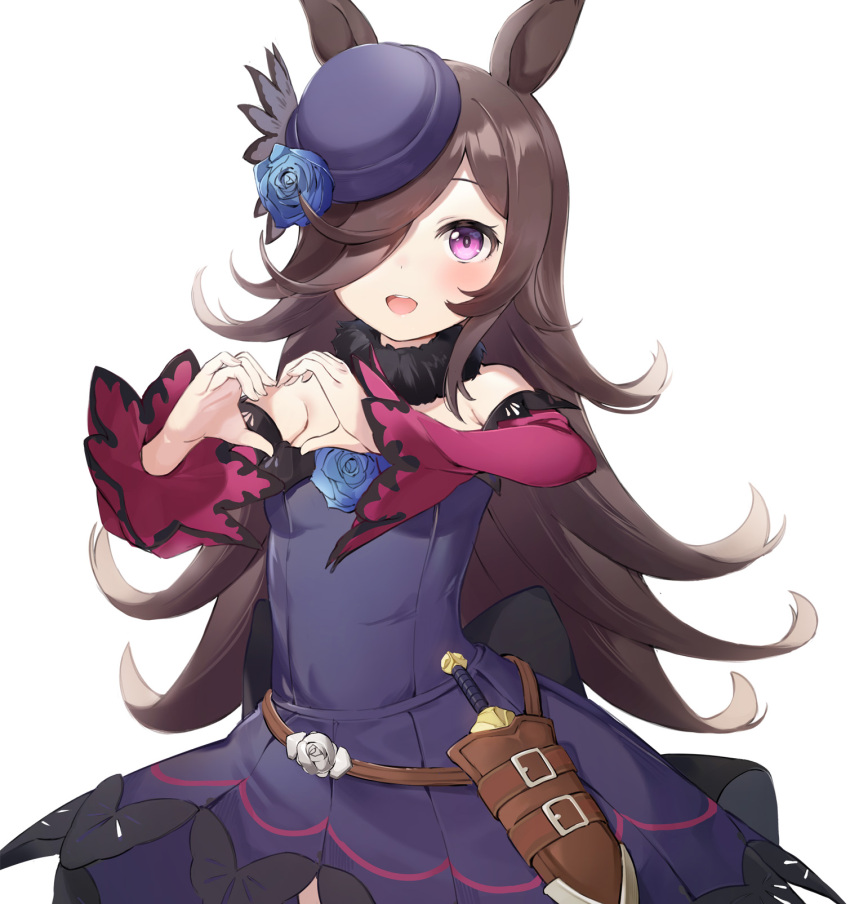 1girl :d animal_ears bangs blue_flower blue_rose blush breasts brown_hair commentary cowboy_shot dagger dress flower fur_collar hair_over_one_eye hat hat_flower heart heart_hands highres horse_ears horse_girl long_hair long_sleeves looking_at_viewer mint_(psmin30) off-shoulder_dress off_shoulder open_mouth pink_eyes purple_dress purple_headwear red_sleeves rice_shower_(umamusume) rose sheath sheathed small_breasts smile solo symbol_commentary umamusume weapon white_background