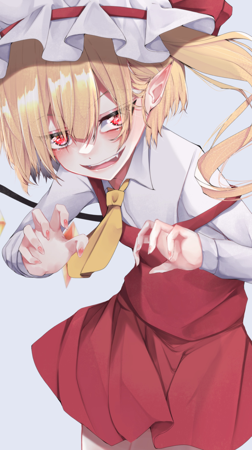 1girl absurdres ascot bangs blonde_hair blurry blush bow breasts claw_pose cowboy_shot crystal depth_of_field eyebrows_visible_through_hair eyes_visible_through_hair fangs fingernails flandre_scarlet flat_chest hair_between_eyes hat hat_bow highres leaning_forward long_sleeves looking_at_viewer mob_cap one_side_up open_mouth pointy_ears red_bow red_eyes red_skirt red_vest shirt short_hair simple_background skirt smile solo strap_slip touhou tsune_(tune) tsurime upper_teeth vest white_background white_headwear white_shirt wings yellow_neckwear