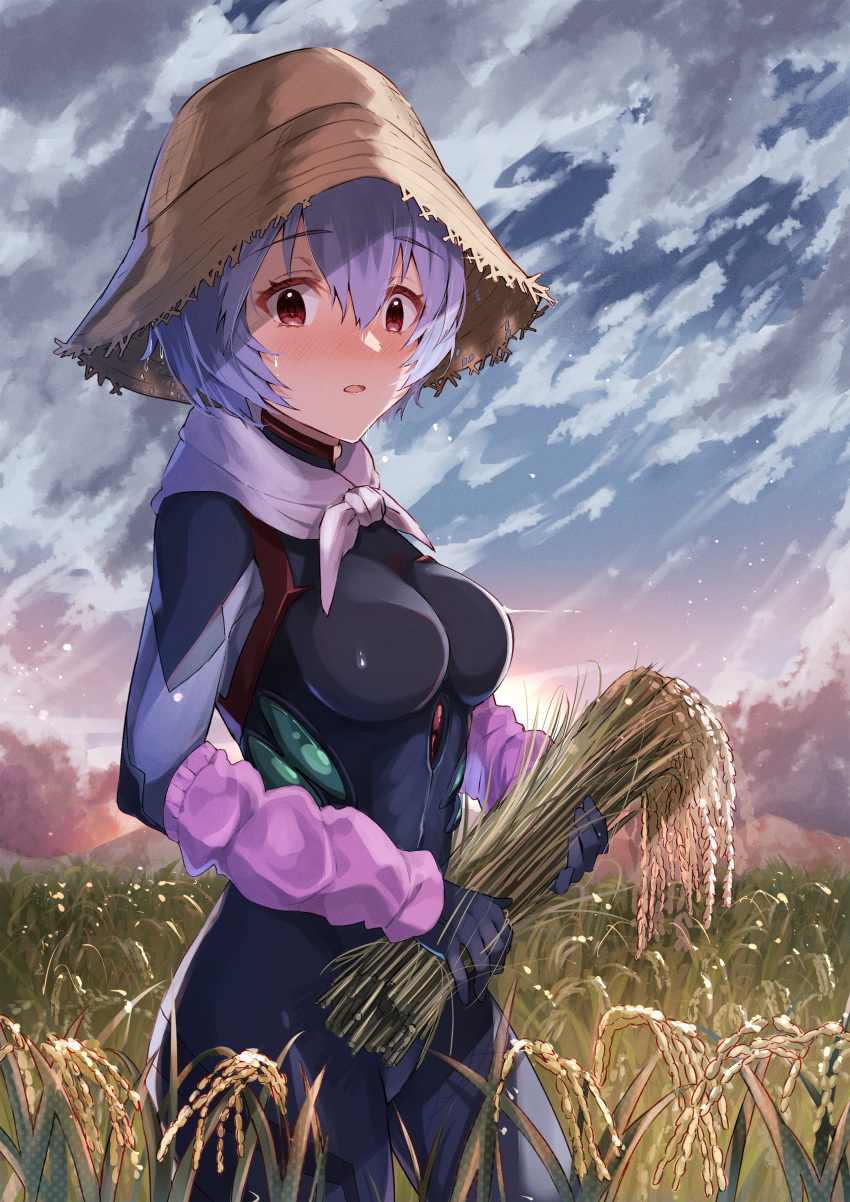 1girl absurdres arm_warmers ayanami_rei bangs black_bodysuit blue_hair blush bodysuit breasts cowboy_shot evangelion:_3.0+1.0_thrice_upon_a_time hair_between_eyes haru_yu hat highres huge_filesize medium_breasts neon_genesis_evangelion parted_lips pilot_suit plugsuit rebuild_of_evangelion red_eyes rice_paddy rice_planting short_hair skin_tight sky solo sunset sweat