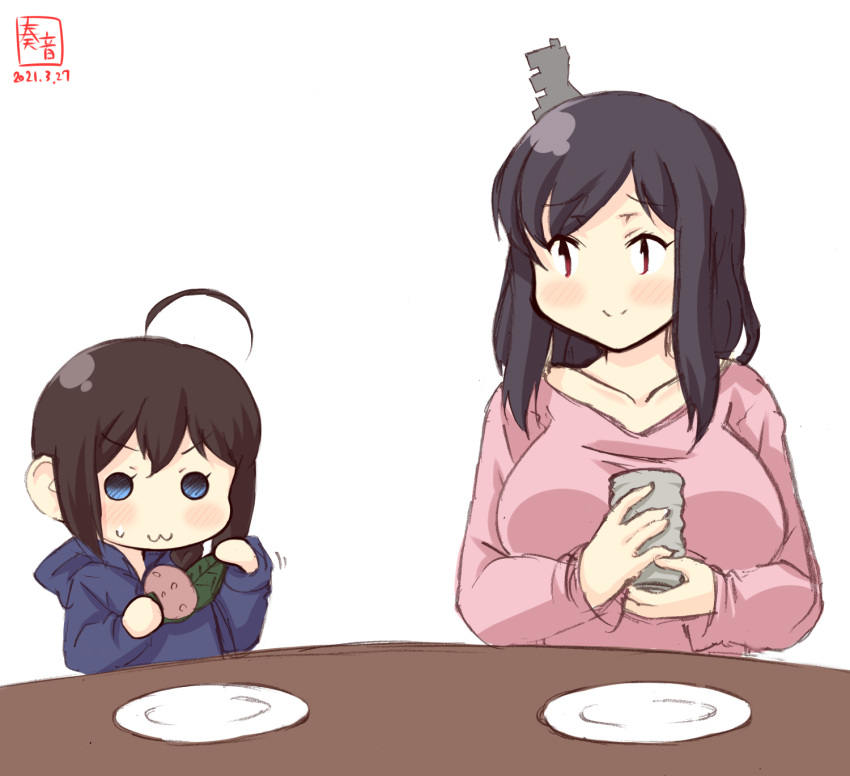 2girls :3 ahoge alternate_costume artist_logo black_hair blue_eyes blue_hoodie braid breasts brown_hair child collarbone commentary_request cup dated food hair_ornament hair_over_shoulder highres holding holding_cup hood hood_down hoodie kanon_(kurogane_knights) kantai_collection large_breasts multiple_girls one-hour_drawing_challenge pink_shirt plate red_eyes sakura_mochi shigure_(kancolle) shirt short_hair simple_background single_braid smile sweatdrop table wagashi white_background yamashiro_(kancolle) younger yunomi