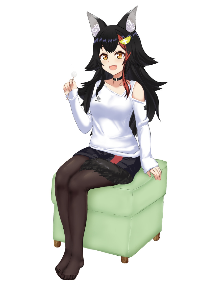 1girl :3 :d animal_ear_fluff animal_ears asymmetrical_clothes asymmetrical_shirt bangs black_choker black_collar black_hair black_legwear black_shorts choker clothing_cutout collar flipped_hair full_body hair_between_eyes hair_ornament hairclip highlights highres hololive kinkin18 long_hair looking_at_viewer mimikaki multicolored_hair no_shoes ookami_mio open_mouth pantyhose redhead shorts shoulder_cutout sidelocks sitting smile solo tail tail_around_leg tail_wrap very_long_hair virtual_youtuber wolf_ears wolf_girl wolf_tail yellow_eyes