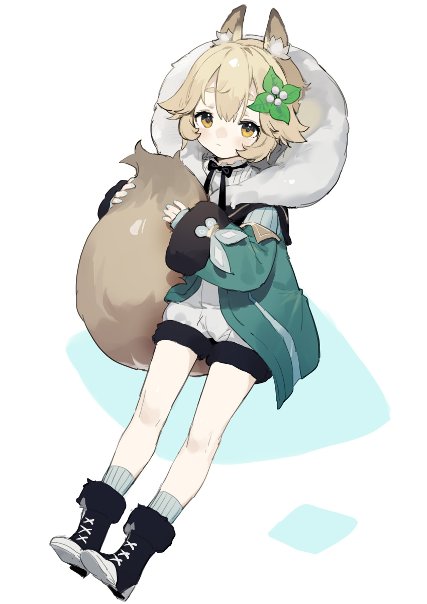 1girl absurdres animal_ear_fluff animal_ears bangs black_footwear blonde_hair boots closed_mouth fox_ears fox_tail fur-trimmed_jacket fur_trim hair_ornament highres holding_tail hood hood_up hooded_jacket jacket long_sleeves looking_at_viewer original sh_(562835932) short_hair simple_background socks solo tail two-tone_background yellow_eyes