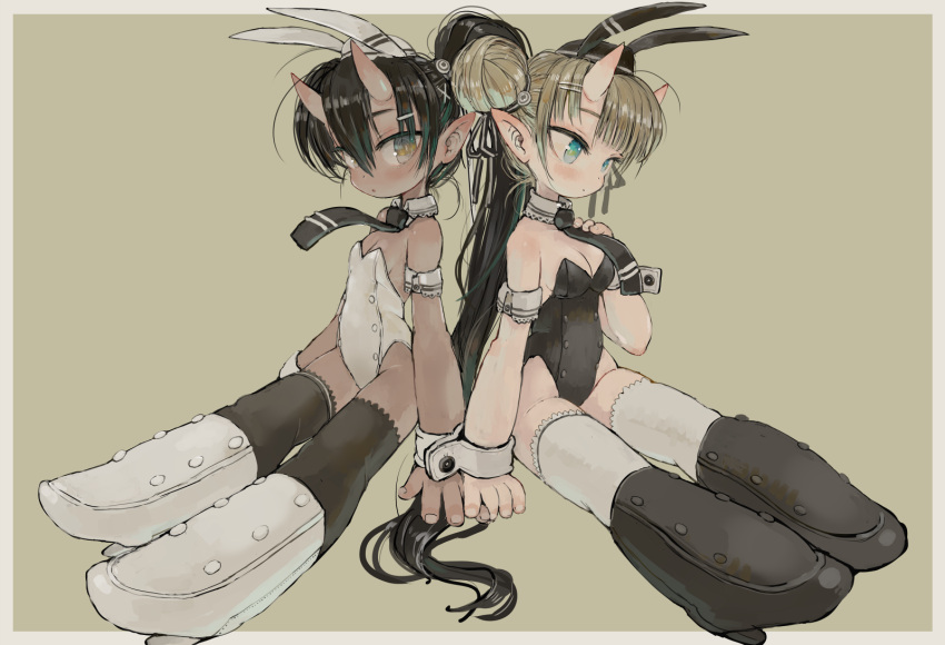 2girls animal_ears black_footwear black_hair black_legwear black_leotard black_neckwear black_vs_white blonde_hair blue_eyes boots border breasts brown_eyes buttons detached_collar double-breasted ebimomo fingernails hair_bun hair_ornament hairclip high_heel_boots high_heels highres horns leotard looking_at_viewer looking_to_the_side multiple_girls necktie oni_horns original parted_lips playboy_bunny rabbit_ears sitting skin-covered_horns small_breasts symmetry thigh-highs white_border white_footwear white_legwear white_leotard wing_collar wrist_cuffs wristband x_hair_ornament yellow_background