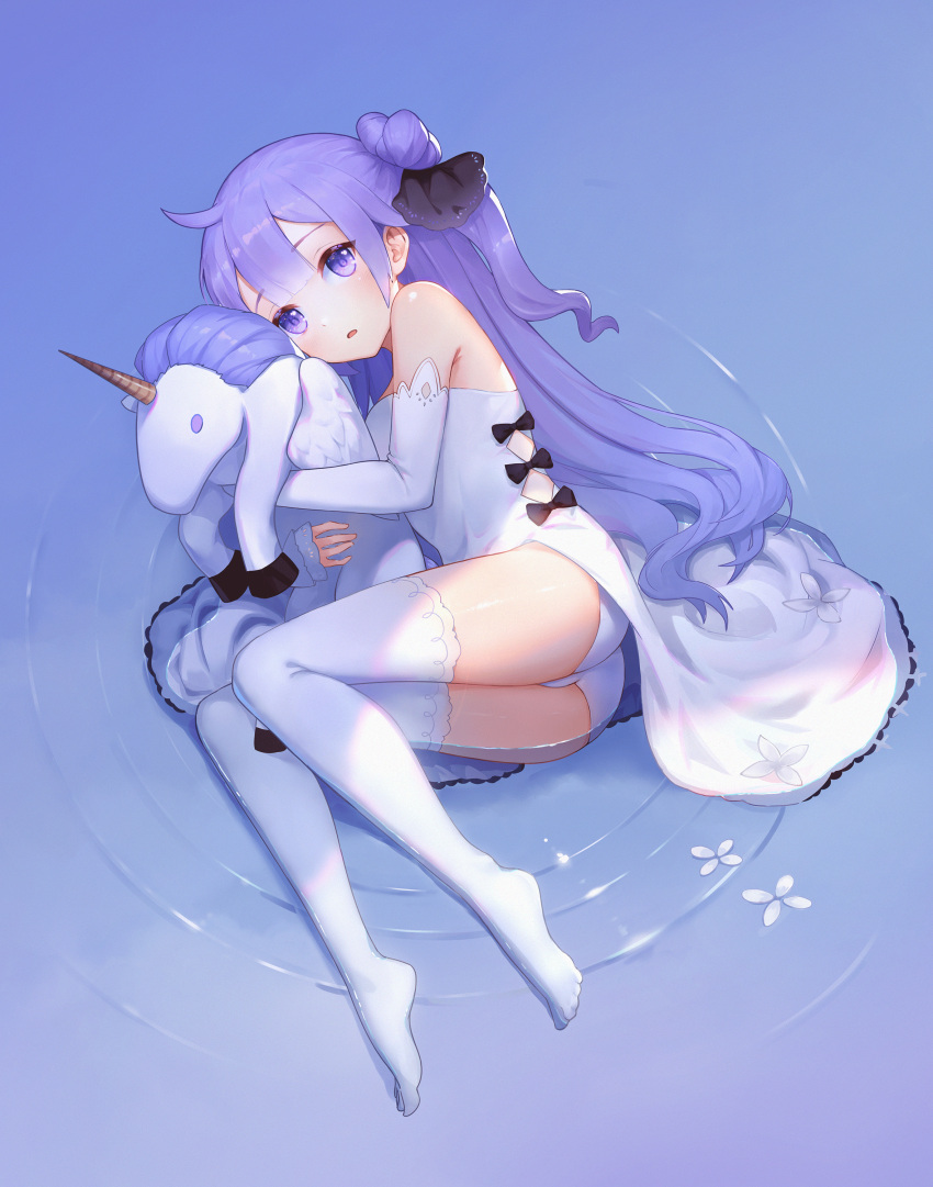 1girl absurdres ahoge ass azur_lane bangs bare_shoulders commentary_request detached_sleeves doll_hug dress eyebrows_visible_through_hair feet gloves gu_tao hair_bun highres long_hair looking_at_viewer lying on_side one_side_up panties parted_lips petite purple_hair revision side_bun sidelocks solo stuffed_animal stuffed_toy stuffed_unicorn stuffed_winged_unicorn thigh-highs thighs underwear unicorn_(azur_lane) violet_eyes white_dress white_gloves white_legwear