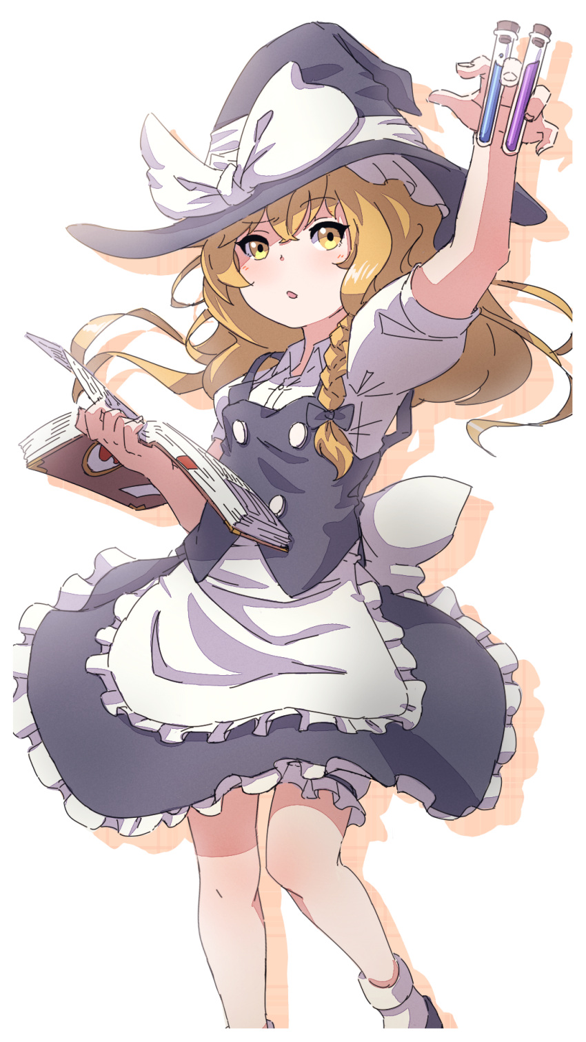 1girl apron arm_up bangs black_skirt blonde_hair book bow braid buttons dress_shirt eyebrows_visible_through_hair frilled_apron frilled_skirt frills hair_bow hat hat_bow highres holding kirisame_marisa kuro_kosyou long_hair shirt short_sleeves side_braid simple_background skirt skirt_set socks solo touhou vest vial white_background white_legwear white_shirt witch_hat yellow_eyes