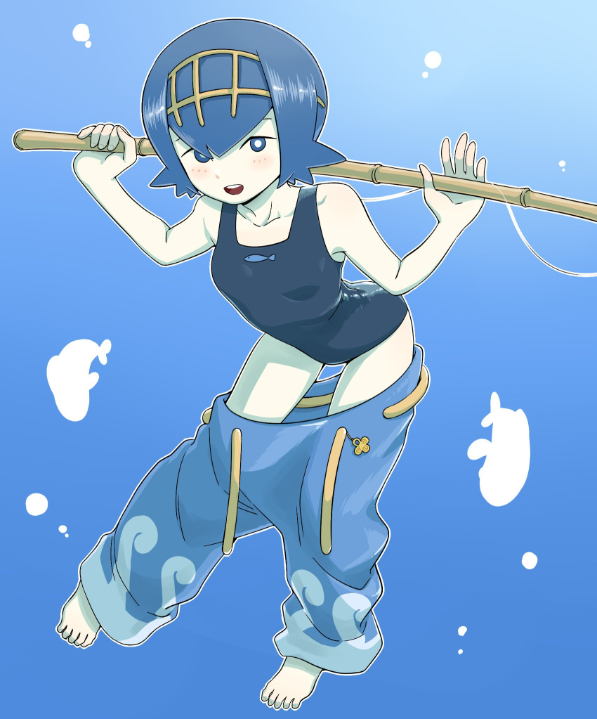 1girl air_bubble bangs bare_arms barefoot blue_eyes blue_hair blue_pants blush breasts bright_pupils bubble clothes_pull collarbone fishing_rod hairband highres holding holding_fishing_rod lana_(pokemon) looking_at_viewer nutkingcall one-piece_swimsuit open_mouth outline pants pants_pull pokemon pokemon_(game) pokemon_sm short_hair smile solo swimsuit teeth toes tongue trial_captain underwater white_pupils yellow_hairband