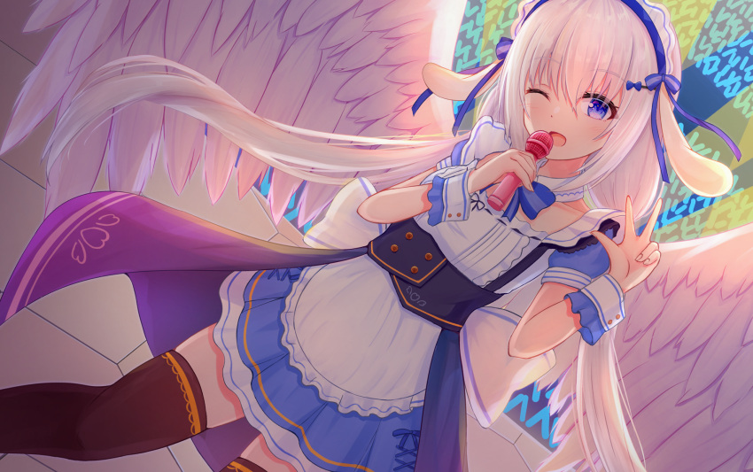 1girl angel angel_wings blue_eyes eyebrows_visible_through_hair hair_between_eyes hair_ornament highres hikkyou long_hair looking_at_viewer maid masquerade_channel microphone open_mouth smile solo tenshi_nano virtual_youtuber white_hair wings youtube