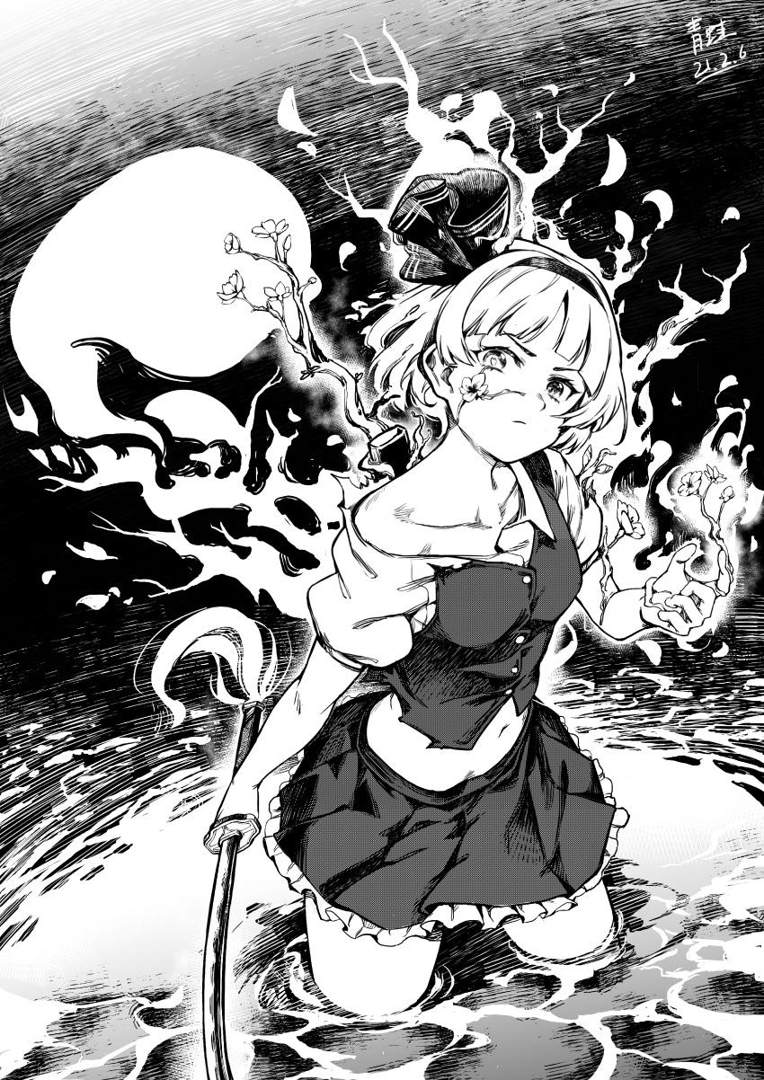 1girl absurdres bangs branch collarbone dated flower greyscale hairband head_tilt highres holding holding_sword holding_weapon katana konpaku_youmu looking_at_viewer monochrome navel off_shoulder partially_submerged qingwa_chi_she short_hair skirt solo sword torn_clothes touhou v-shaped_eyebrows water weapon