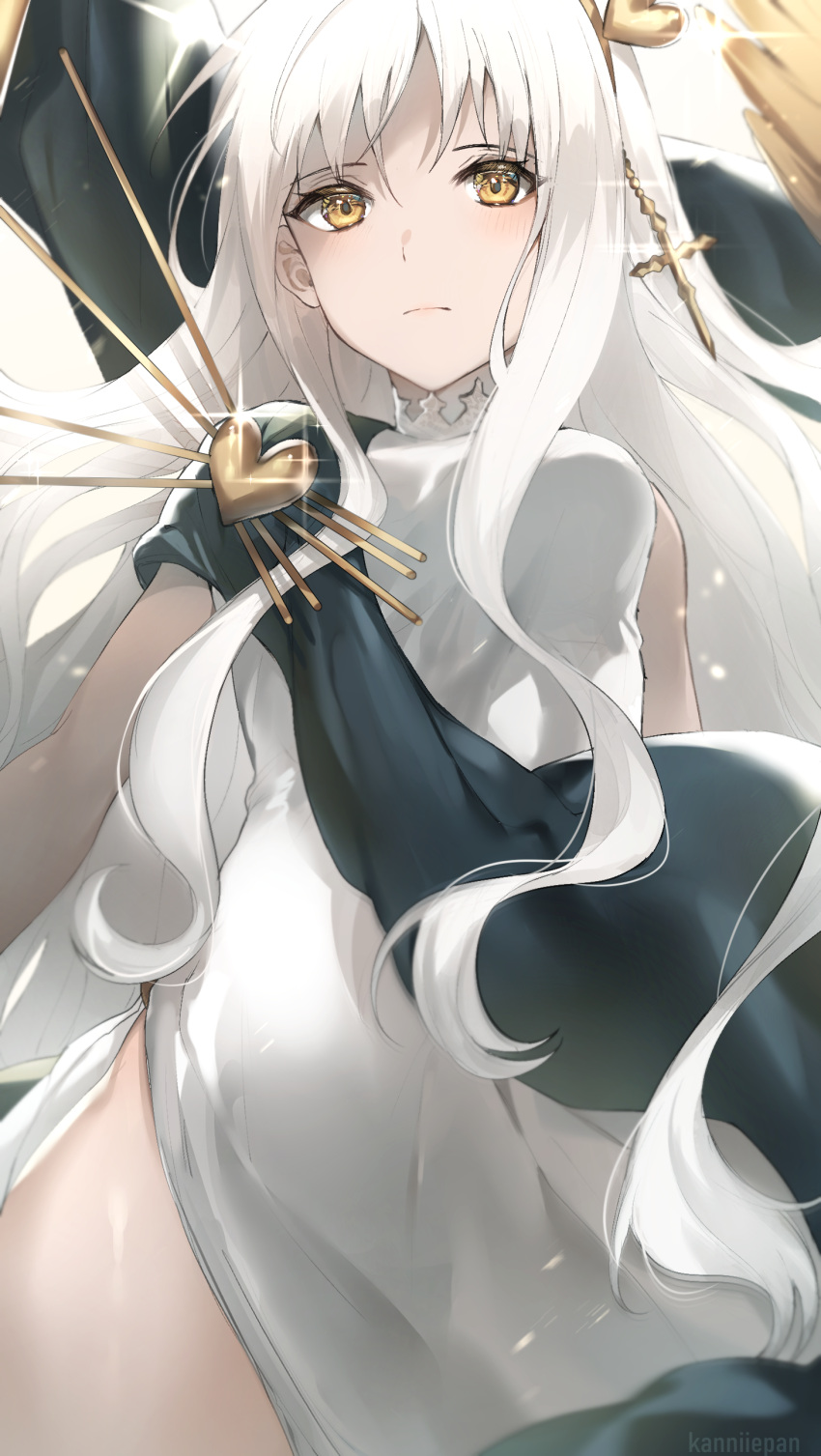 1girl absurdres bangs bare_shoulders barefoot breasts caren_hortensia caren_hortensia_(amor_caren) dress fate/grand_order fate_(series) feathers hairband heart highres kanniiepan long_hair looking_at_viewer medium_breasts no_panties open_mouth sash smile wavy_hair white_dress white_hair yellow_eyes