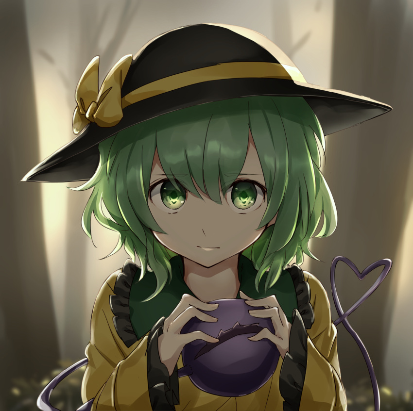 1girl bangs black_headwear blouse blurry blurry_background bow bush closed_mouth commentary_request eyeball eyebrows_visible_through_hair face fog frilled_shirt_collar frills green_eyes green_hair hair_between_eyes hands_up hat hat_bow heart heart_of_string highres holding komeiji_koishi long_sleeves looking_at_viewer outdoors short_hair solo third_eye touhou tree twilight upper_body wide_sleeves yellow_blouse yellow_bow yukimiharu