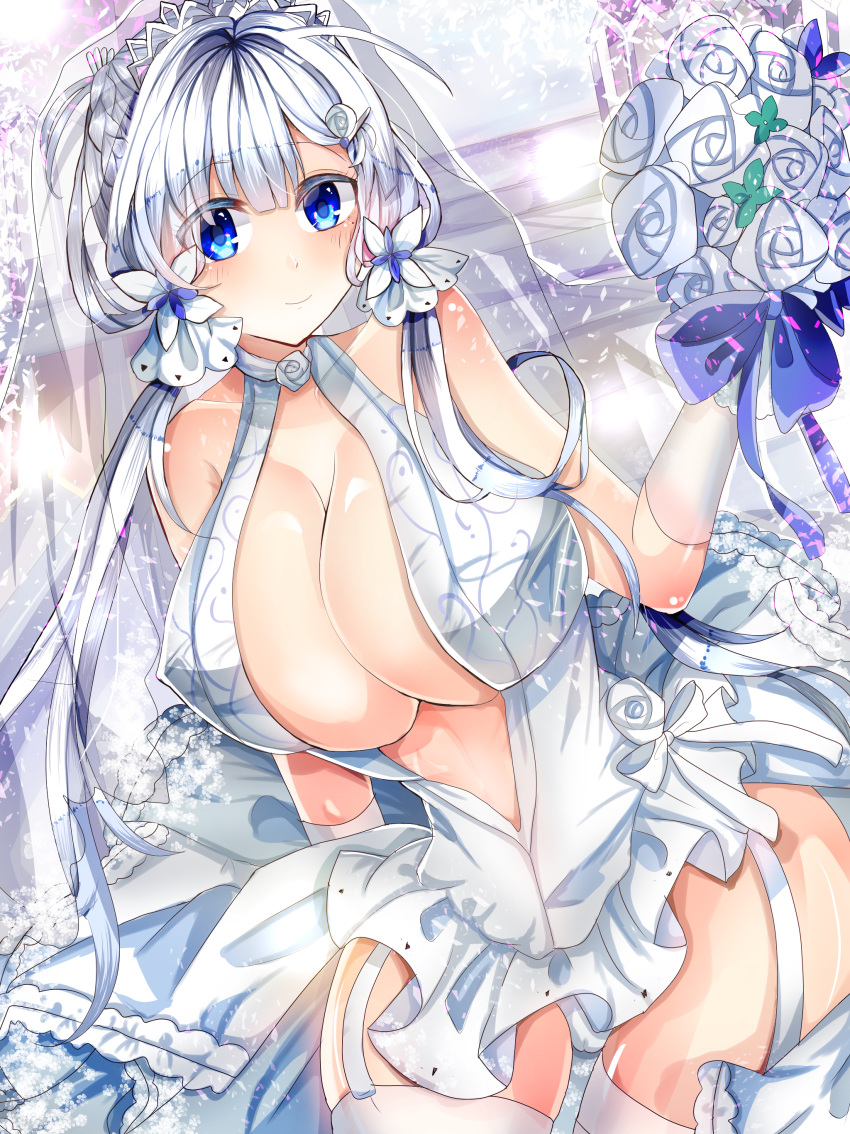 1girl absurdres azur_lane bare_shoulders blue_eyes bouquet breasts bridal_veil center_opening dress flower garter_straps gloves hair_ribbon halter_dress halterneck highres holding holding_bouquet illustrious_(azur_lane) illustrious_(morning_star_of_love_and_hope)_(azur_lane) lace-trimmed_dress lace_trim large_breasts long_hair looking_at_viewer mole mole_under_eye official_alternate_costume ribbon rose silver_eyelashes sleeveless sleeveless_dress solo tiara tress_ribbon tri_tails tub_(abcehknqux) veil wedding_dress white_dress white_flower white_gloves white_hair white_rose
