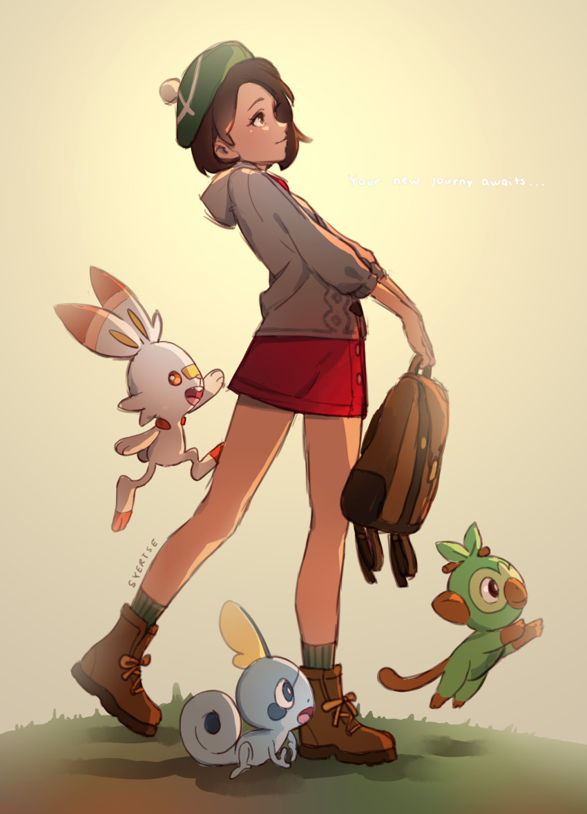 1girl absurdres artist_name backpack backpack_removed bag bob_cut boots brown_bag brown_eyes brown_footwear brown_hair buttons cardigan closed_mouth commentary creature dress english_commentary from_side gen_8_pokemon gloria_(pokemon) grass green_headwear green_legwear grey_cardigan grookey hat highres holding holding_bag hooded_cardigan pokemon pokemon_(game) pokemon_swsh scorbunny short_hair smile sobble socks standing starter_pokemon_trio syertse tam_o'_shanter
