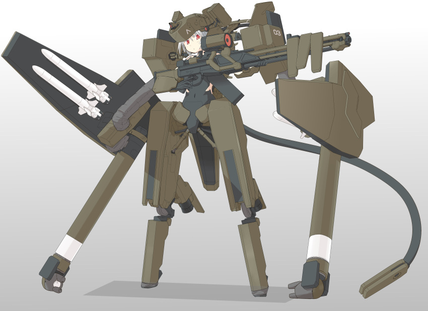 1girl absurdres armor camera commentary_request extra_arms gradient gradient_background grey_background gun helmet highres looking_at_viewer mecha mecha_musume mechanical_arms missile navel original pd2010 piston prosthesis prosthetic_leg red_eyes rifle scope shadow short_hair solo standing trigger_discipline weapon white_background white_hair