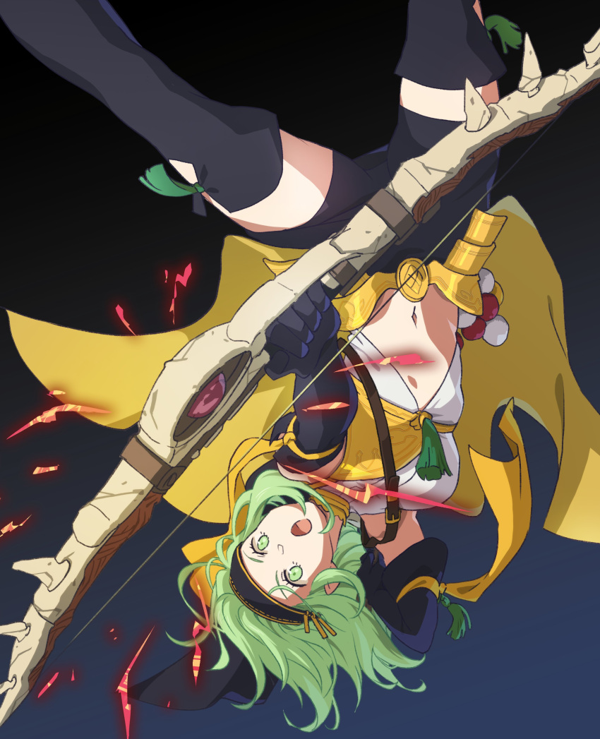 1girl absurdres aiming aiming_at_viewer alternate_costume asao_(vc) bow_(weapon) breasts byleth_(fire_emblem) byleth_eisner_(female) cape claude_von_riegan dynamic_pose fire_emblem fire_emblem:_three_houses gloves green_eyes headband highres long_hair navel shorts simple_background solo thigh-highs upside-down weapon yellow_cape