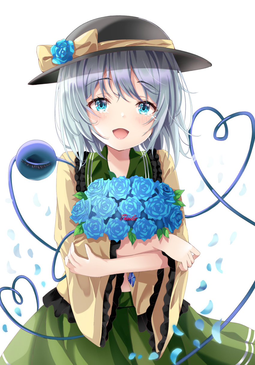 1girl :d bangs blouse blue_eyes blue_flower blue_rose blush bouquet bow cowboy_shot crossed_arms crying crying_with_eyes_open eyeball eyebrows_visible_through_hair falling_petals flower frilled_shirt_collar frills green_skirt happy hat hat_bow hat_flower heart heart_of_string highres holding holding_bouquet kofumi_(nxme5555) komeiji_koishi looking_at_viewer medium_hair open_mouth petals rose silver_hair simple_background skirt smile solo standing tears third_eye touhou white_background wide_sleeves yellow_blouse yellow_bow