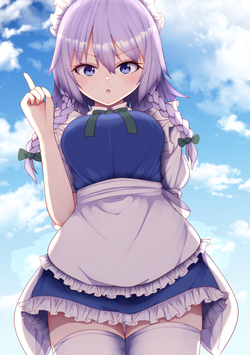 1girl apron blue_eyes blue_sky braid clouds cloudy_sky darumoon day dress eyebrows_visible_through_hair frilled_apron frilled_dress frills from_below hair_between_eyes highres izayoi_sakuya lecturing looking_at_viewer maid maid_apron maid_headdress open_mouth outdoors pointing pointing_up short_hair silver_hair sky solo touhou twin_braids v-shaped_eyebrows white_apron white_legwear