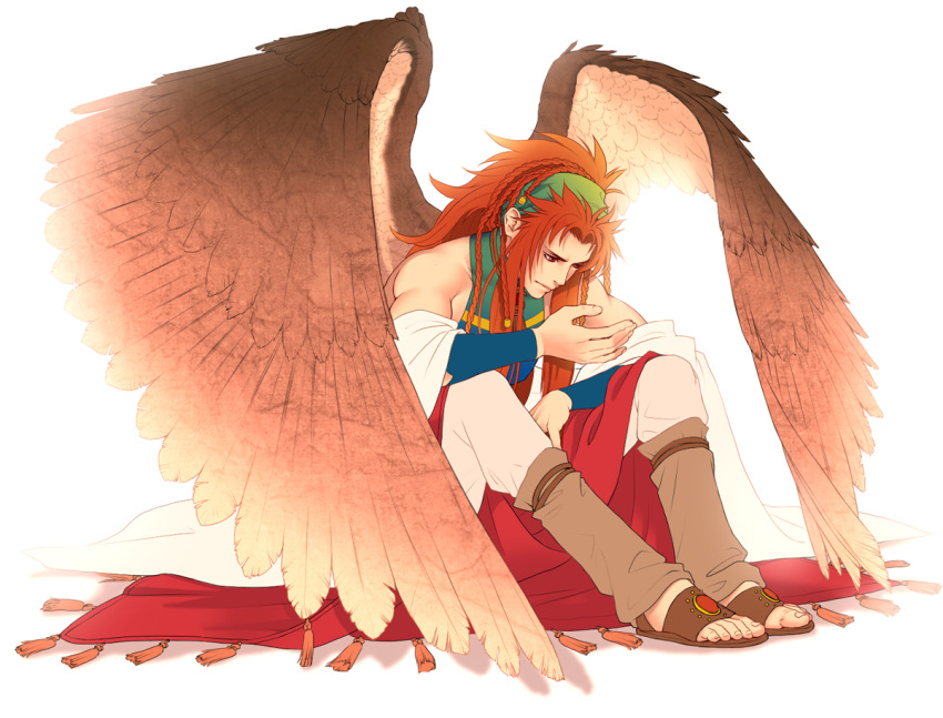 1boy braid feathered_wings hairband harukanaru_toki_no_naka_de harukanaru_toki_no_naka_de_4 kiske large_wings long_hair multiple_braids red_eyes redhead sandals sazaki sitting solo toes toned toned_male wings