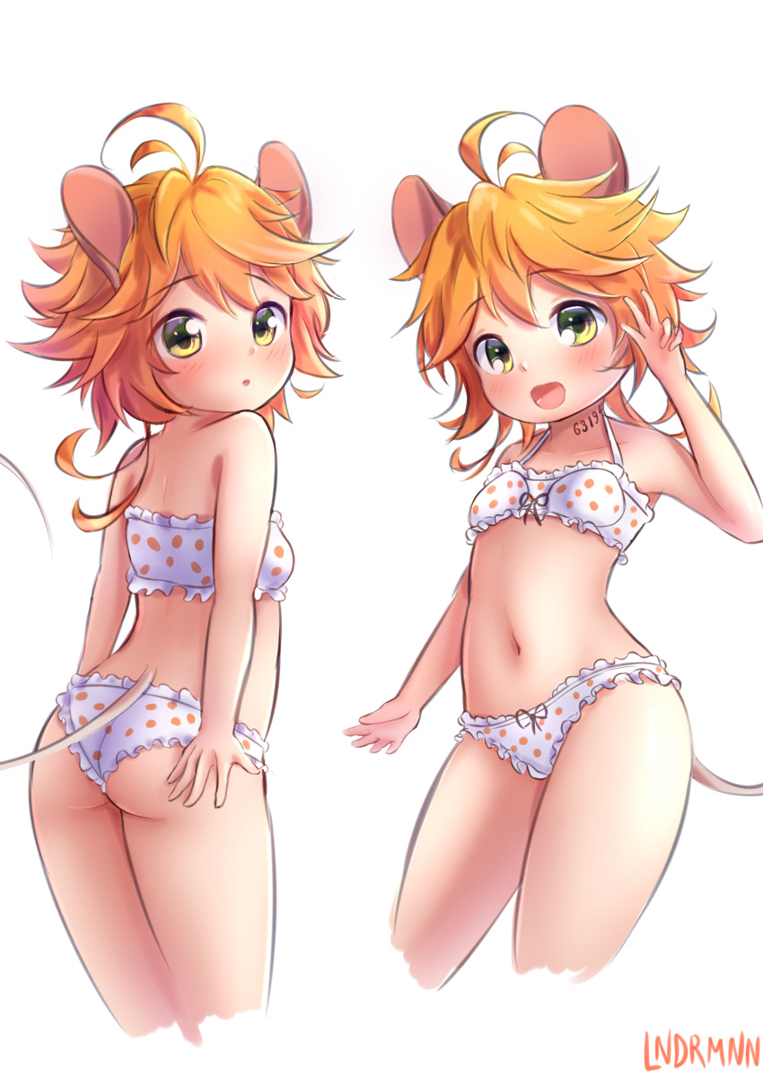 1girl absurdres ahoge animal_ears ass bikini blonde_hair blush breasts emma_(yakusoku_no_neverland) green_eyes highres lndrmnn mouse_ears mouse_girl mouse_tail multiple_views navel open_mouth polka_dot polka_dot_bikini short_hair small_breasts smile swimsuit tail thighs turnaround white_bikini yakusoku_no_neverland