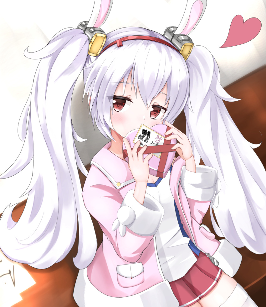 1girl akura_scarlet0495 animal_ears azur_lane bangs brown_eyes candy chocolate chocolate_heart commentary_request covering_mouth eyebrows_visible_through_hair eyes_visible_through_hair fake_animal_ears food hairband head_tilt heart highres holding jacket laffey_(azur_lane) long_hair long_sleeves looking_at_viewer pleated_skirt rabbit_ears red_skirt sidelocks skirt solo thigh-highs translation_request twintails white_hair zettai_ryouiki
