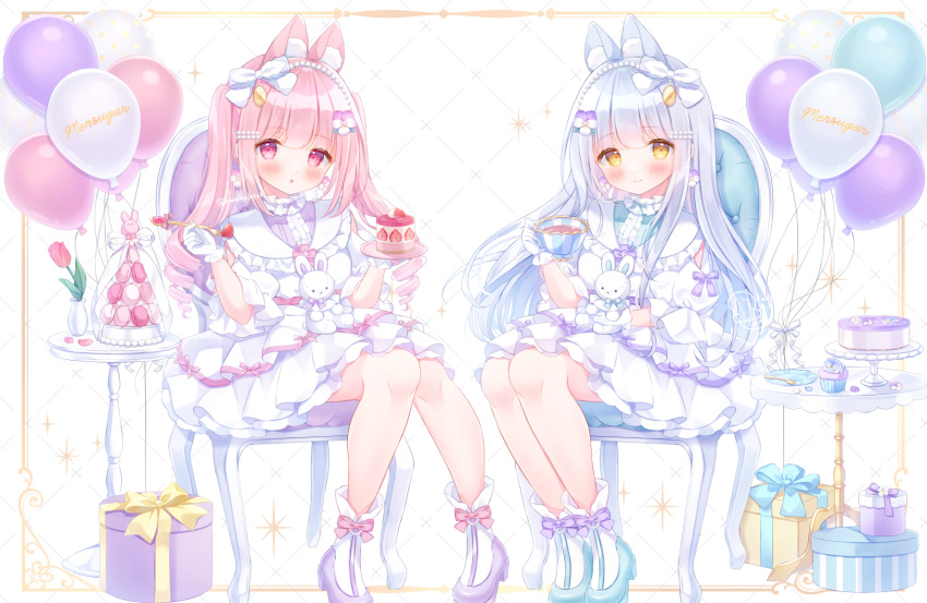 2girls :o animal_ear_fluff animal_ears balloon bangs blue_footwear blue_hair blush bow box chair commentary_request cup cupcake dress drill_hair eyebrows_visible_through_hair flower food full_body gift gift_box gloves hair_bow hair_flower hair_ornament highres holding holding_cup holding_plate holding_spoon knees_together_feet_apart legs_together long_hair looking_at_viewer multiple_girls omochi_monaka on_chair original pink_hair plate puffy_short_sleeves puffy_sleeves purple_bow purple_footwear purple_ribbon rabbit_ears red_bow red_eyes red_ribbon ribbon saucer shoes short_sleeves sitting smile socks spoon strawberry_shortcake stuffed_animal stuffed_bunny stuffed_toy table teacup twin_drills twintails white_bow white_dress white_gloves white_legwear yellow_eyes