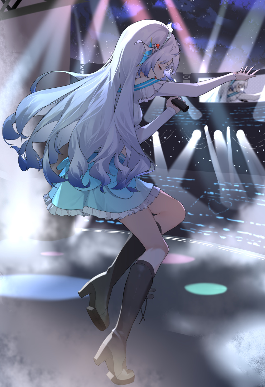 1girl absurdres black_footwear blue_hair blue_skirt boots breasts chinese_commentary closed_eyes doris_(hololive) frilled_shirt frills from_side gradient_hair head_fins highres holding holding_microphone hololive hololive_china leaning_forward medium_breasts microphone multicolored_hair music off-shoulder_shirt off_shoulder shirt silver_hair singing skirt solo virtual_youtuber xiaogu_ju