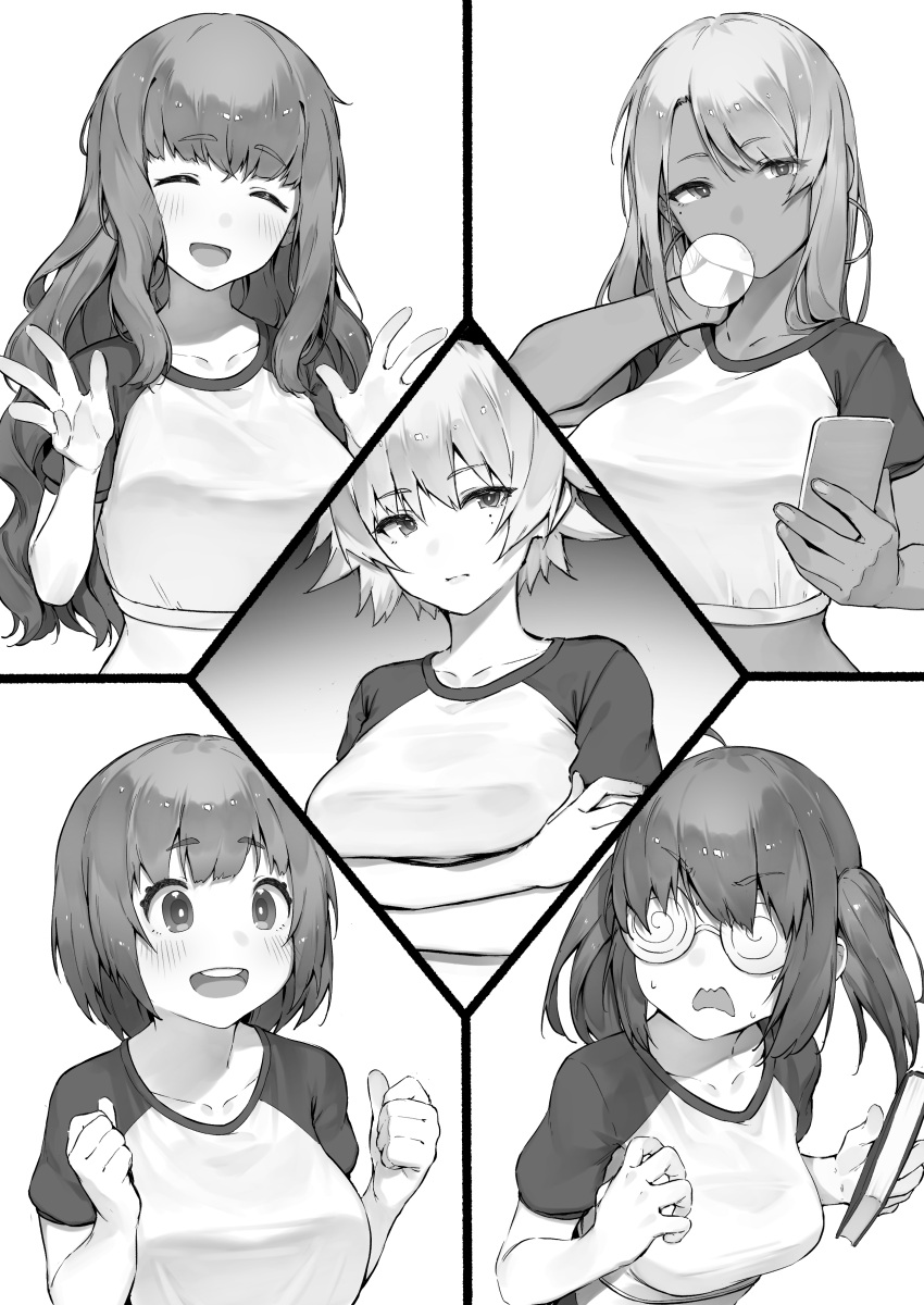 5girls :d absurdres ahoge blush book breasts bubble_blowing chewing_gum closed_mouth coke-bottle_glasses commentary crossed_arms dark_skin dark-skinned_female english_commentary glasses greyscale hands_up highres holding holding_book holding_phone kotoribako large_breasts long_hair medium_hair mole mole_under_eye monochrome multiple_girls open_mouth original phone raglan_sleeves round_teeth short_hair smile teeth twintails upper_teeth