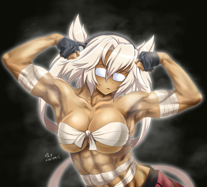1girl abs artist_name bangs biceps black_background breasts commentary_request dark_skin dark-skinned_female dated flexing glasses gloves hair_between_eyes kantai_collection large_breasts miniskirt musashi_(kancolle) muscular muscular_female partially_fingerless_gloves platinum_blonde_hair pointy_hair pose rectangular_eyewear red_skirt sarashi short_hair_with_long_locks signature simple_background skirt solo tk8d32 twintails two_side_up