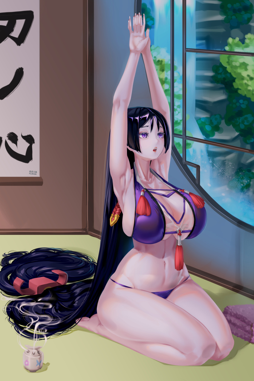 1girl absurdres alternate_costume armpits arms_up azibuda bangs barefoot bikini bikini_top breasts curvy fate/grand_order fate_(series) halterneck highres huge_breasts indoors long_hair low-tied_long_hair minamoto_no_raikou_(fate) navel open_mouth parted_bangs purple_bikini purple_hair sitting stretch swimsuit tassel thick_thighs thighs very_long_hair violet_eyes window
