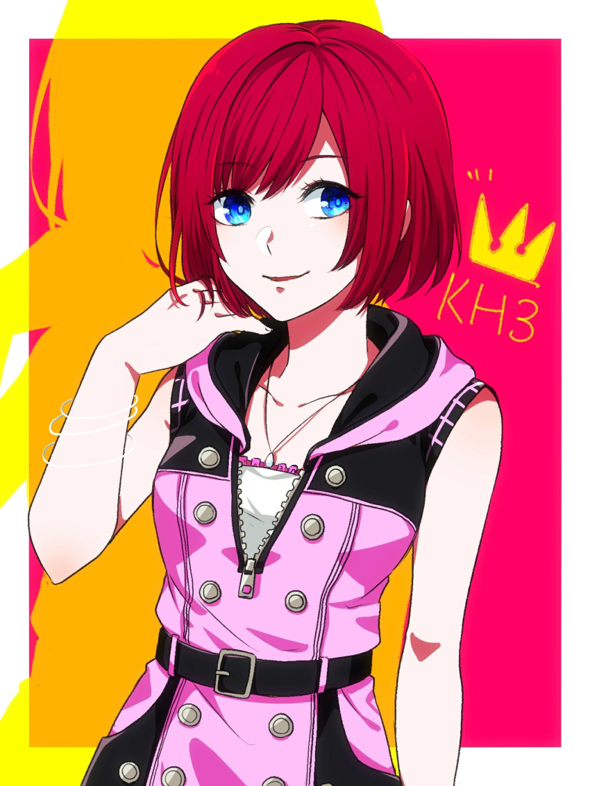 1girl belt blue_eyes breasts dress highres hood kairi_(kingdom_hearts) kingdom_hearts kingdom_hearts_iii looking_at_viewer open_mouth redhead short_hair sleeveless smile solo zipper
