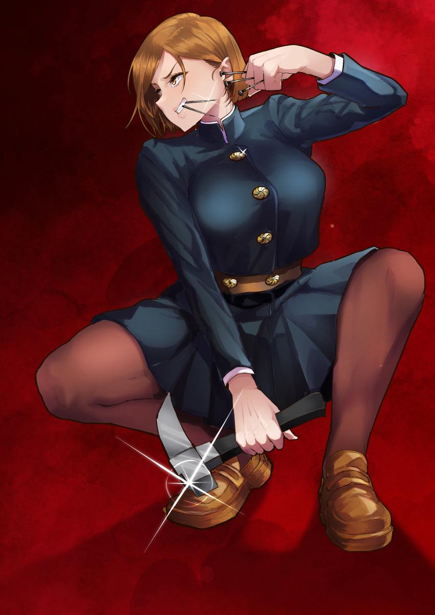 1girl absurdres breasts brown_eyes brown_footwear brown_hair brown_legwear clenched_teeth commentary_request fighting_stance gakuran glint grin hair_behind_ear hammer highres holding holding_hammer holding_nail holding_weapon jujutsu_kaisen kugisaki_nobara large_breasts loafers looking_to_the_side mouth_hold nail pantyhose red_background school_uniform shoes short_hair skirt smile solo sonparesu squatting teeth weapon
