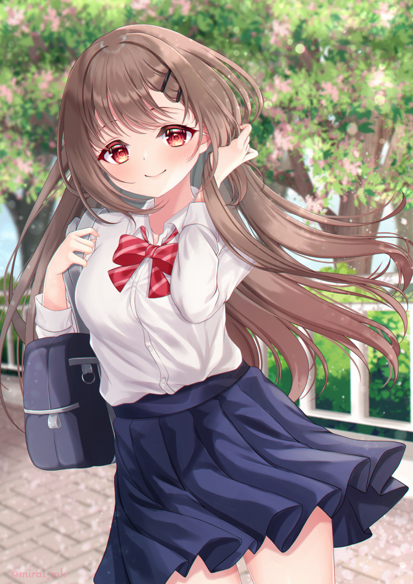 1girl bag blue_skirt bow breasts brown_hair closed_mouth collared_shirt commentary_request day diagonal_stripes dress_shirt hair_ornament hairclip hands_up highres long_hair long_sleeves mirai_(happy-floral) original outdoors pleated_skirt red_bow red_eyes school_bag school_uniform shirt skirt small_breasts smile solo spring_(season) striped striped_bow tree very_long_hair white_shirt