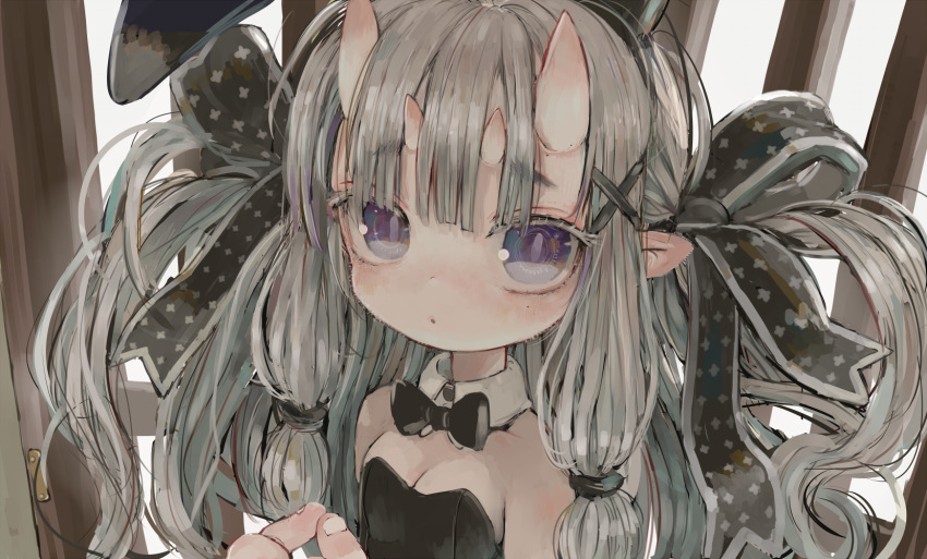 1girl animal_ears black_bow black_hairband black_neckwear black_ribbon bow bowtie bright_pupils close-up closed_mouth ebimomo eye_focus fake_animal_ears fingernails grey_hair hair_ribbon hairband highres horns looking_at_viewer multiple_horns oni_horns original rabbit_ears ribbon skin-covered_horns solo violet_eyes