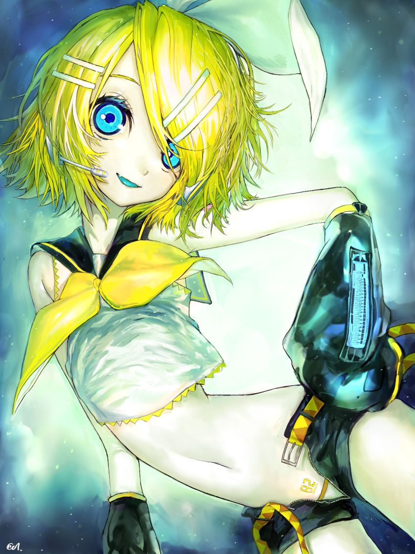 1girl aqua_eyes aqua_tongue bangs bare_shoulders belt blonde_hair blue_eyes bow detached_sleeves eyelashes fang hair_bow hair_ornament hair_over_one_eye hairclip hand_on_hip headset highres kagamine_rin korpokkur_kne looking_at_viewer midriff navel number_tattoo open_clothes open_fly open_shorts pale_skin panties pubic_tattoo sailor_collar shirt shorts skin_fang skinny sleeveless sleeveless_shirt slender_waist smile solo swept_bangs tattoo underwear unzipped vocaloid