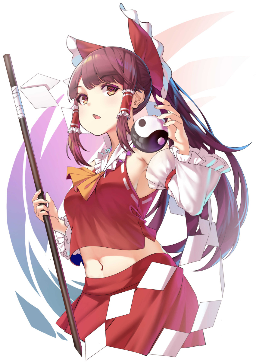 1girl absurdres ascot bangs bare_shoulders bow breasts bright_pupils brown_eyes brown_hair cowboy_shot cropped_legs detached_sleeves eyebrows_visible_through_hair fingernails frilled_bow frilled_hair_tubes frilled_shirt_collar frills gohei hair_bow hair_tubes hakurei_reimu hand_up highres holding holding_stick kuma-ra light_blush long_hair looking_at_viewer medium_breasts midriff navel orb parted_lips ponytail red_bow red_skirt red_vest sideboob sidelocks simple_background skirt solo standing stick touhou very_long_hair vest white_background yellow_neckwear yin_yang yin_yang_orb
