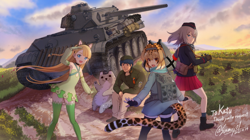 1boy 3girls animal_ears blonde_hair blue_eyes breasts character_request clouds commentary_request copyright_request dress evening fake_animal_ears forest ginga_eiyuu_densetsu girls_und_panzer ground_vehicle highres itsumi_erika kuromorimine_military_uniform long_hair military military_vehicle motor_vehicle multiple_girls nature shinmai_(kyata) short_hair skirt sky smile tail tank vk16.02_leopard yang_wen-li