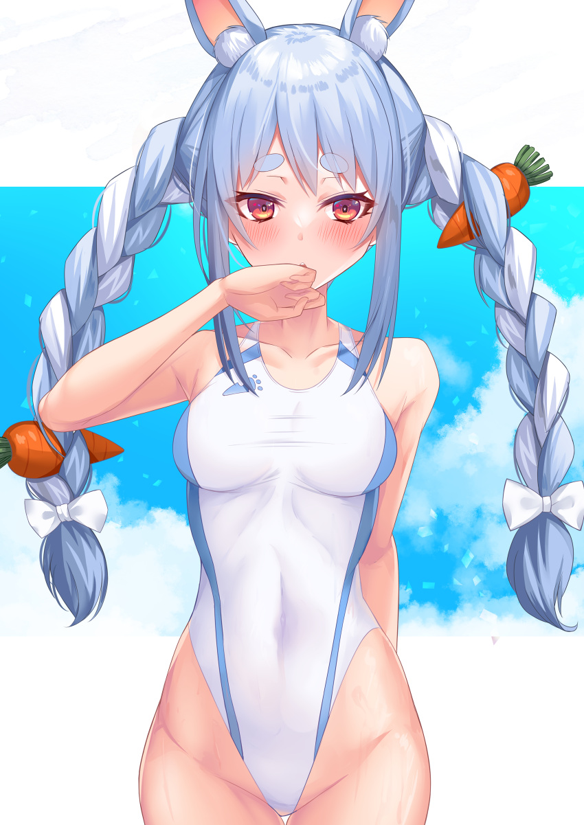 1girl absurdres animal_ear_fluff animal_ears arm_behind_back arm_up armpits bangs bare_arms bare_shoulders blue_hair blue_sky blush bow breasts carrot_hair_ornament collarbone commentary_request competition_swimsuit covered_navel cowboy_shot day eyebrows_visible_through_hair food_themed_hair_ornament groin hair_bow hair_ornament highleg highleg_swimsuit highres hololive looking_at_viewer multicolored_hair one-piece_swimsuit open_mouth outdoors rabbit_ears red_eyes sky small_breasts solo swimsuit thick_eyebrows thigh_gap two-tone_hair usada_pekora virtual_youtuber white_bow white_hair white_swimsuit yoshiheihe
