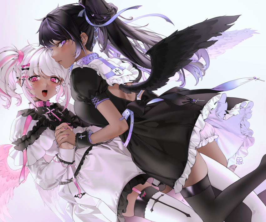 2girls angel_wings back_cutout bandaid bandaid_on_cheek black_bow black_dress black_hair black_legwear black_nails black_wings bloomers bow clothing_cutout collar collared_dress dark_skin dark-skinned_female dress ear_piercing fang frilled_dress frills garter_straps gradient gradient_background highres holding_hands industrial_piercing latin_cross long_hair long_sleeves multicolored_hair multiple_girls nail_art original piercing pink_bow pink_collar pink_eyes pink_hair pink_nails pink_wings puffy_short_sleeves puffy_sleeves purple_collar purple_hair purple_ribbon ribbon short_hair short_sleeves signature simple_background skin_fang skindentation streaked_hair thigh-highs tongue_piercing twintails underwear unxi violet_eyes white_dress white_hair white_legwear wings wrist_cuffs