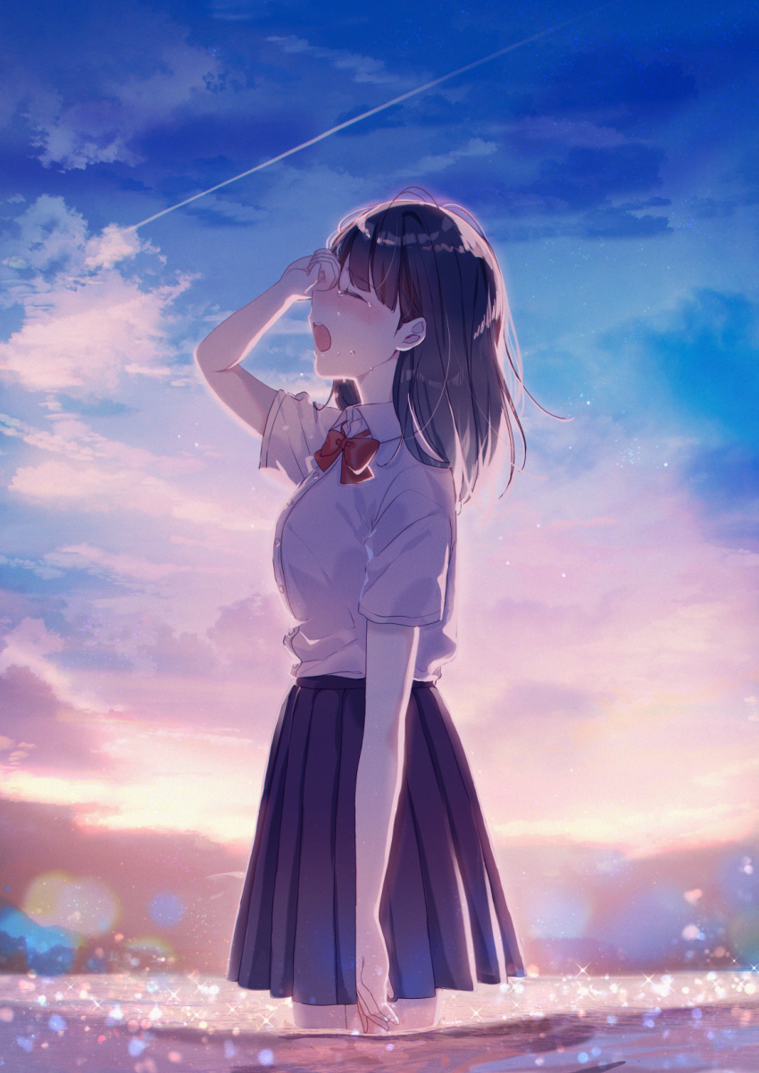 1girl black_hair black_skirt bow bowtie clouds cloudy_sky collared_shirt crying from_side hanako151 hand_on_own_face highres long_hair open_mouth original outdoors partially_submerged pleated_skirt red_neckwear school_uniform shirt shirt_tucked_in short_sleeves skirt sky solo standing sunset water white_shirt