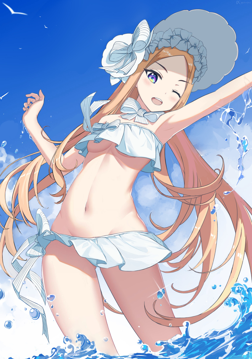 1girl abigail_williams_(fate) abigail_williams_(swimsuit_foreigner)_(fate) absurdres armpits arms_up bikini blonde_hair blue_eyes breasts clouds eyebrows fate/grand_order fate_(series) forehead groin hat highres long_hair navel one_eye_closed open_mouth outdoors shinalpha sky small_breasts solo swimsuit swimwear thighs under_boob wading water white_bikini white_headwear