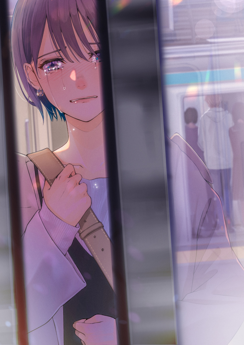 1girl absurdres bag bangs blush clenched_teeth closing_door crying crying_with_eyes_open earrings ground_vehicle handbag highres huge_filesize jewelry looking_at_viewer macaronk original short_hair tears teeth train train_station violet_eyes