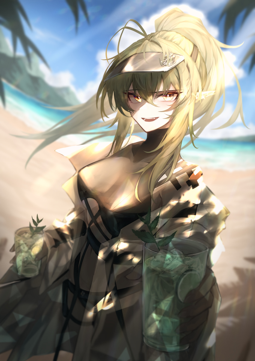 1girl absurdres antenna_hair arknights beach bikini black_bikini breasts commentary cup drinking_glass gavial_(arknights) green_hair highleg highleg_bikini highres holding holding_cup incoming_drink jacket long_hair long_legs long_sleeves looking_at_viewer medium_breasts navel off_shoulder official_alternate_costume open_clothes open_jacket open_mouth orange_eyes outdoors ozeu0916 pointy_ears ponytail see-through shadow sidelocks smile solo standing swimsuit thigh_strap thighs under_boob visor_cap white_jacket