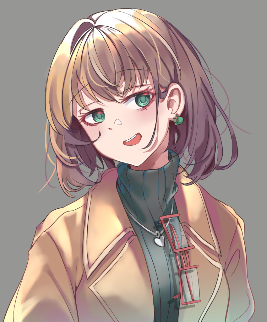 1girl bang_dream! black_sweater brown_jacket earrings eyebrows_visible_through_hair eyewear_removed glasses green_eyes grey_background head_tilt highres jacket jewelry light_blush looking_at_viewer medium_hair necklace open_mouth pastel_palettes patpang portrait ribbed_sweater shiny shiny_hair smile smug solo sweater turtleneck turtleneck_sweater upper_teeth yamato_maya